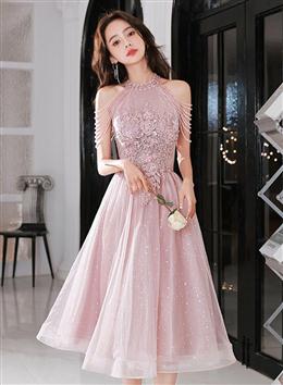 Picture of Pink Beaded Tulle Short Homecoming Dresses, Pink Prom Dresses Party Dresses